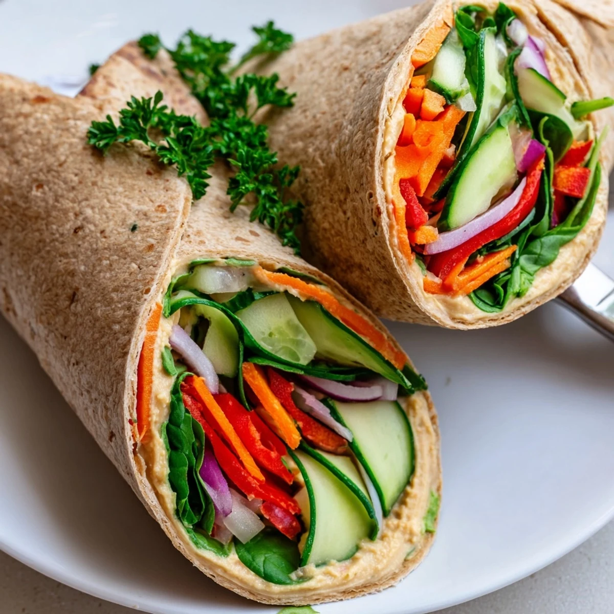 Plant-based Mediterranean wrap stuffed with smooth hummus fresh sliced veggies and herbs ready for easy healthy meal prep