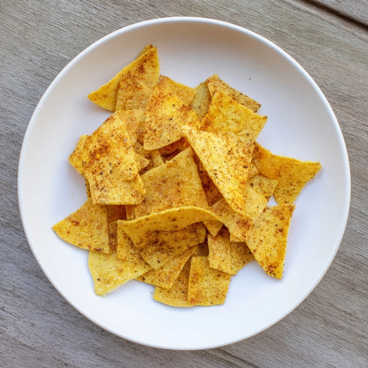 Golden crispy chickpea chips arranged on a wooden board with a side of hummus