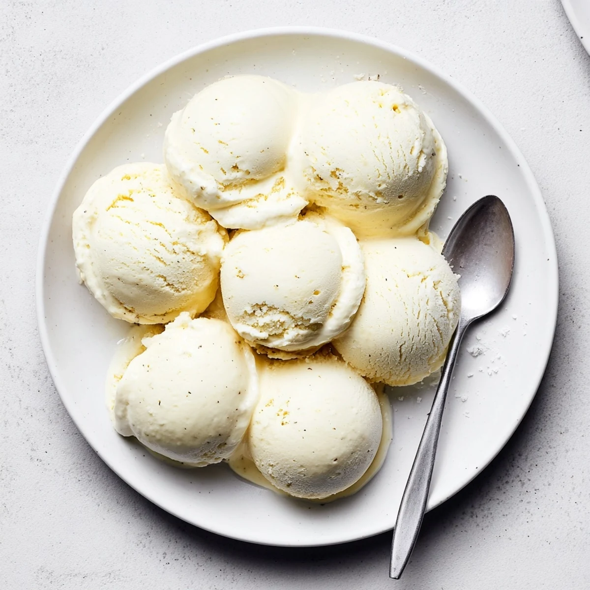 Scoop of rich vanilla ice cream melting in a chilled glass dessert bowl