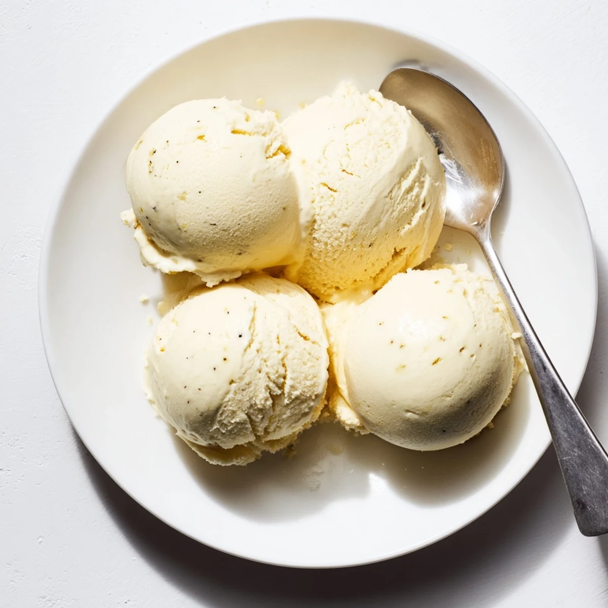 Creamy homemade vanilla ice cream served in an elegant white porcelain bowl