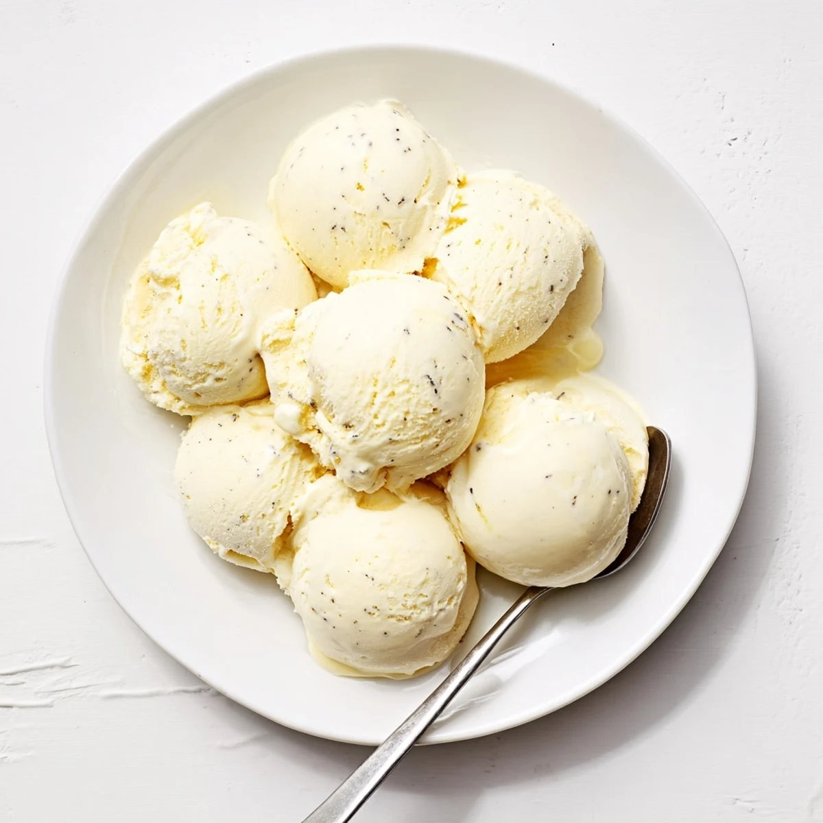 Golden vanilla ice cream with perfect creamy texture in a waffle cone