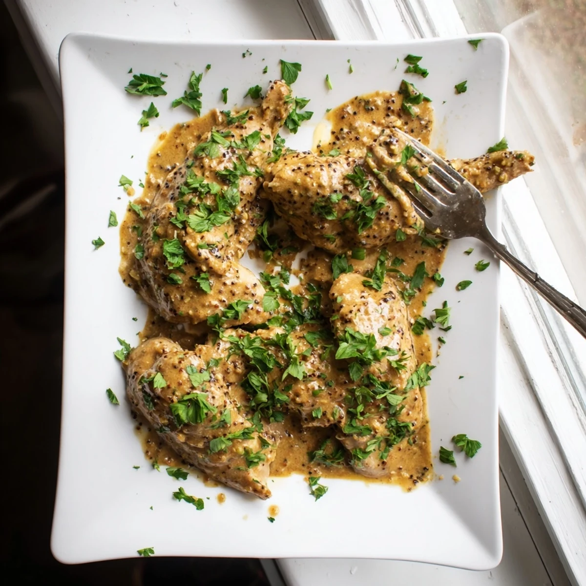 Juicy oven baked honey mustard chicken with caramelized honey mustard coating and parsley garnish