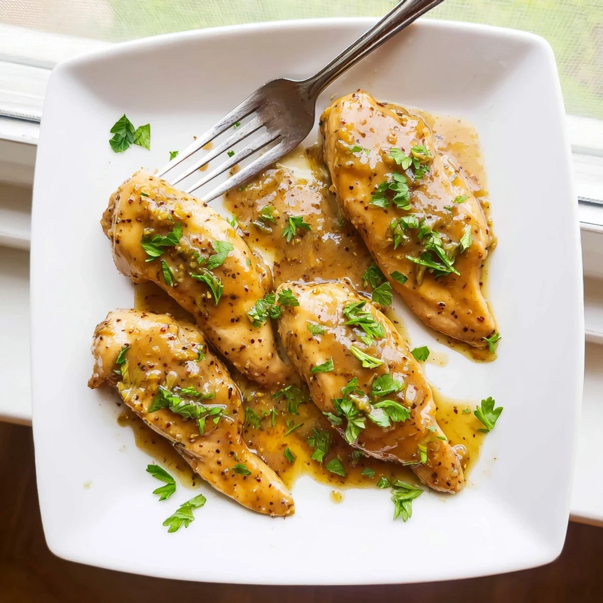 Golden glazed oven baked honey mustard chicken breasts fresh from the baking dish