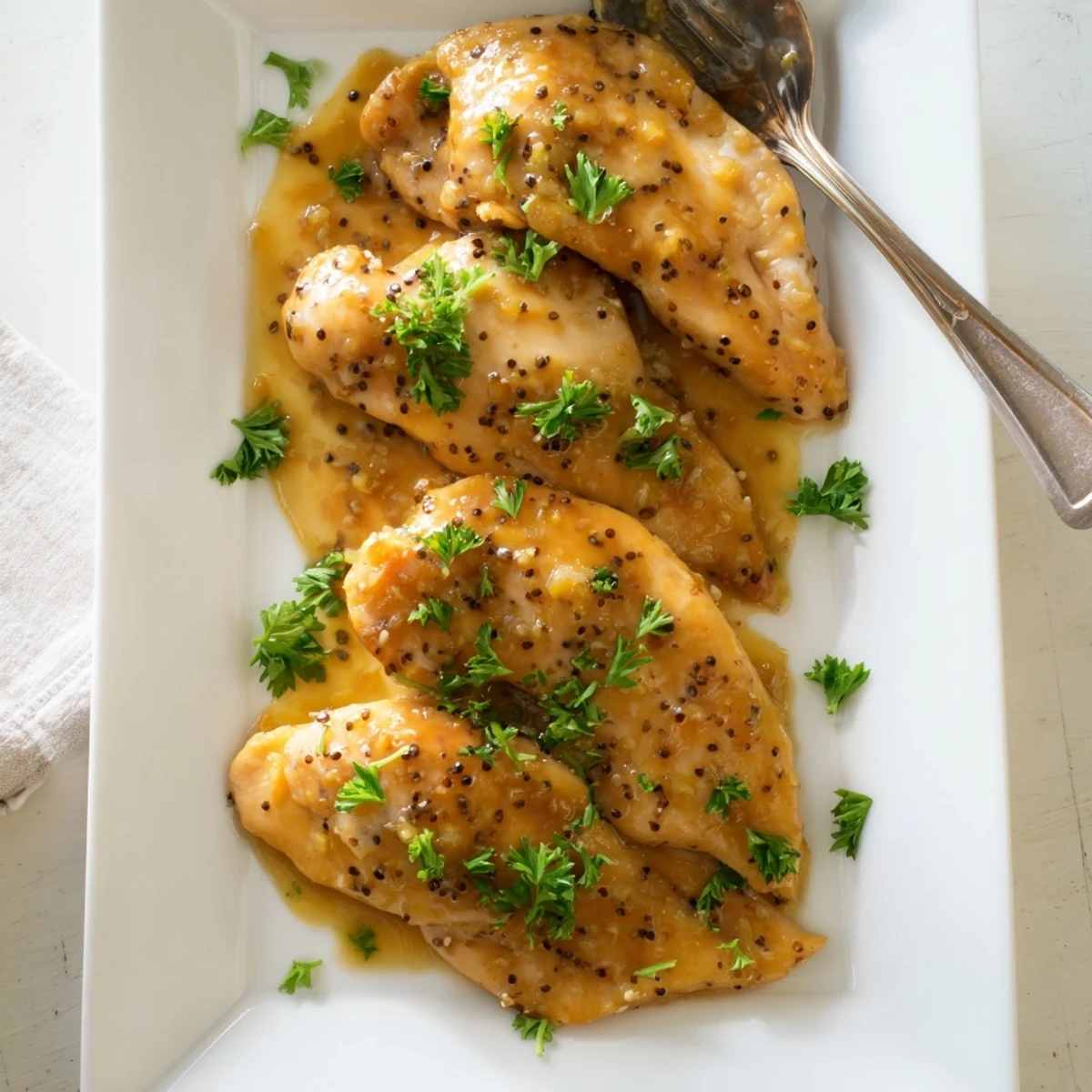 Tender oven baked honey mustard chicken breasts served with honey mustard drizzle on white plate