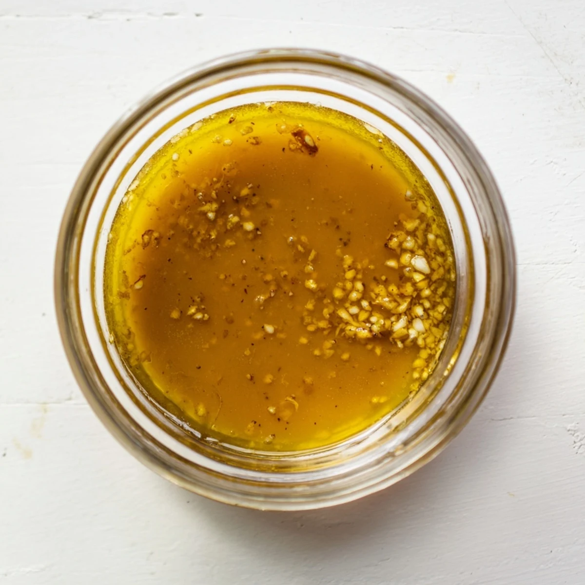 Golden honey mustard vinaigrette drizzled over fresh green salad in glass bowl