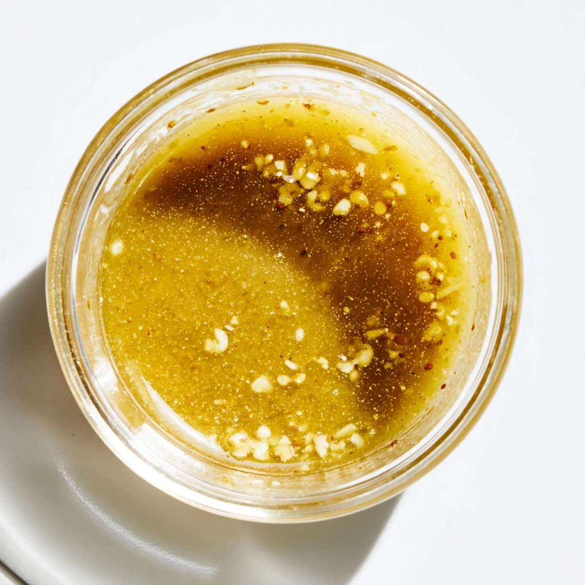 Creamy homemade honey mustard vinaigrette dressing whisked in small clear jar