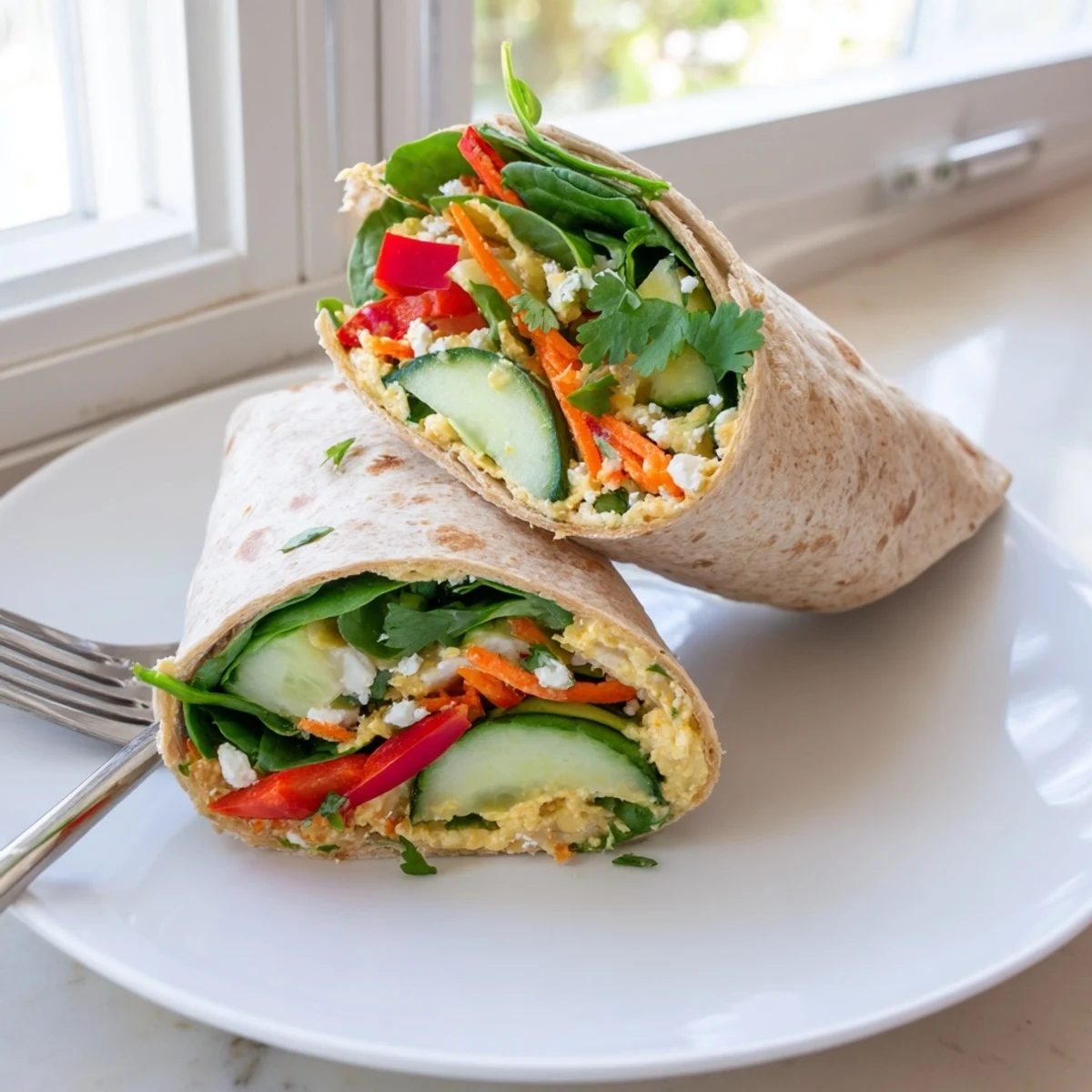 Golden whole wheat tortilla wrapped around creamy hummus with fresh spinach and crisp colorful vegetable slices