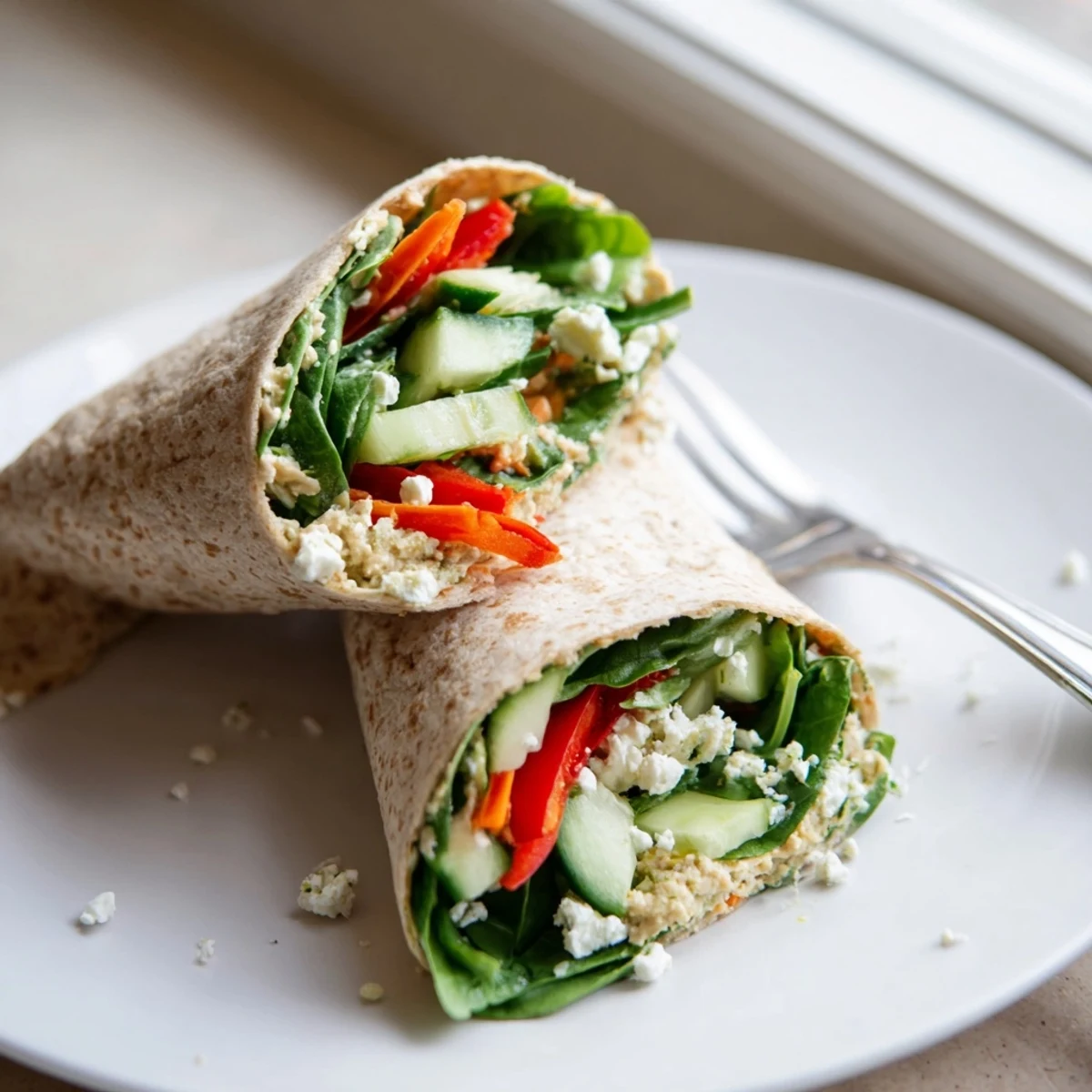 Healthy spinach hummus lunch wrap diagonally sliced to reveal vibrant layers of cucumber carrot and avocado