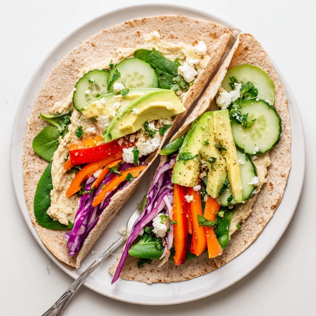 Fresh hummus veggie wrap sliced diagonally displaying vibrant purple cabbage spinach carrots and bell pepper layers