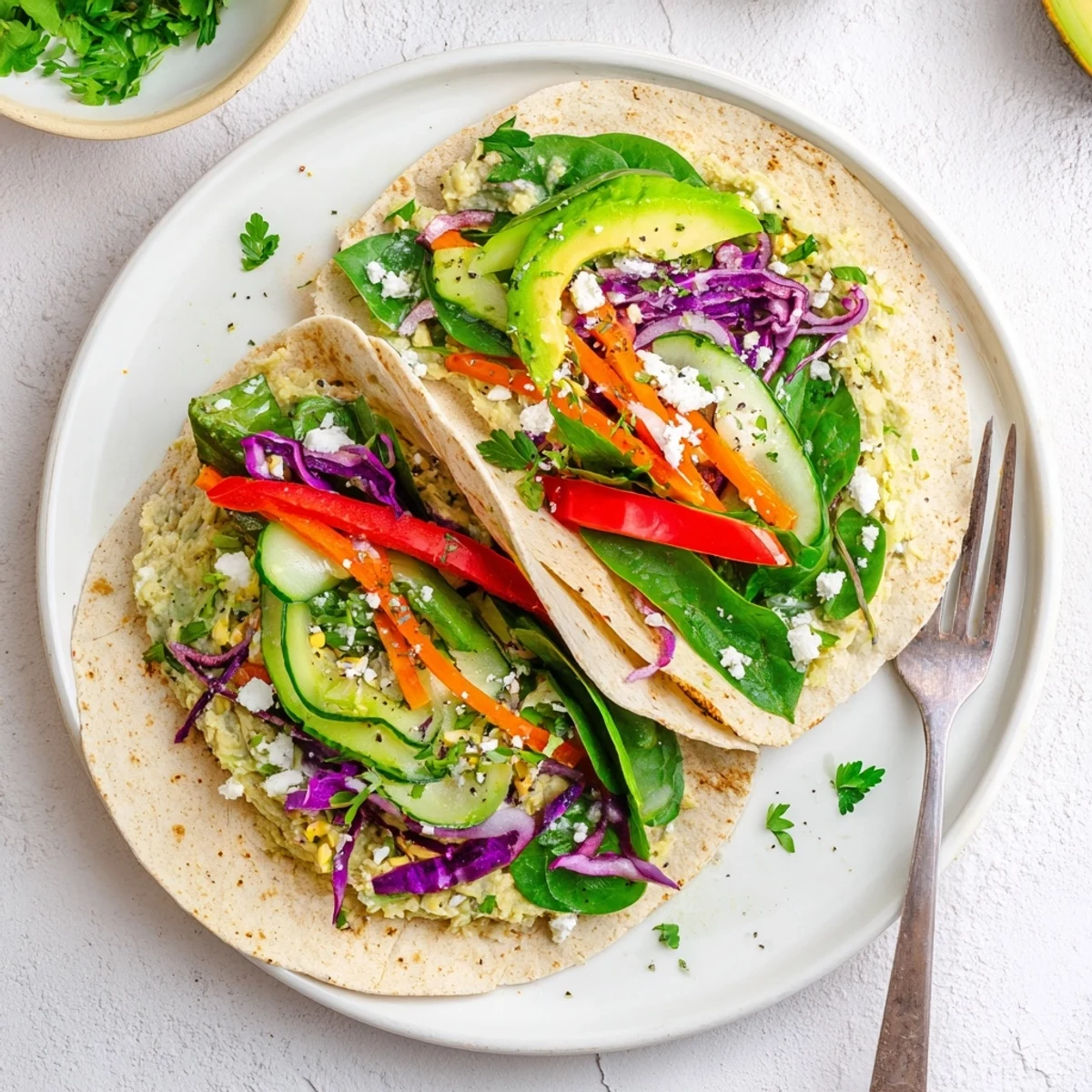 Golden whole wheat tortilla rolled with creamy hummus and colorful crisp vegetables for a healthy Mediterranean lunch