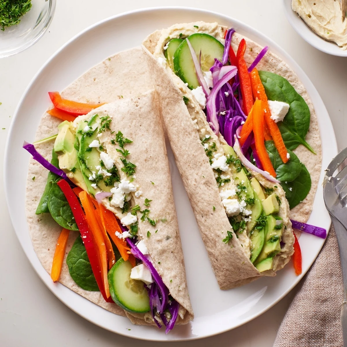 Mediterranean-style wrap packed with creamy hummus crisp julienned vegetables and fresh spinach ready for quick healthy meals