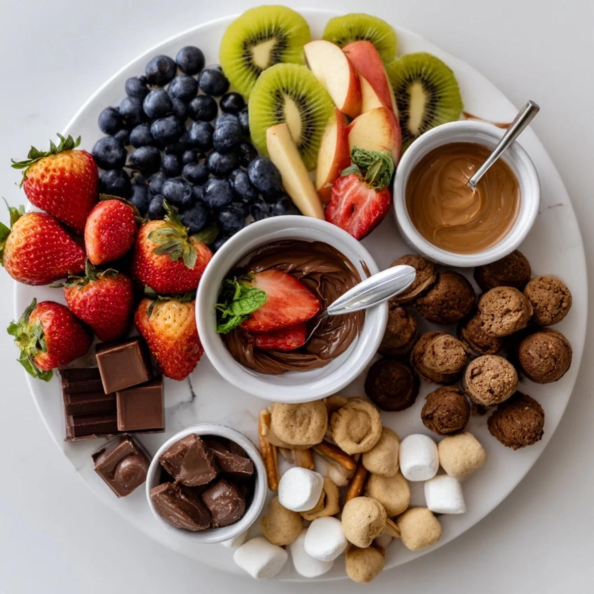 A festive Dessert Charcuterie Board arranged for sharing, bowls of caramel