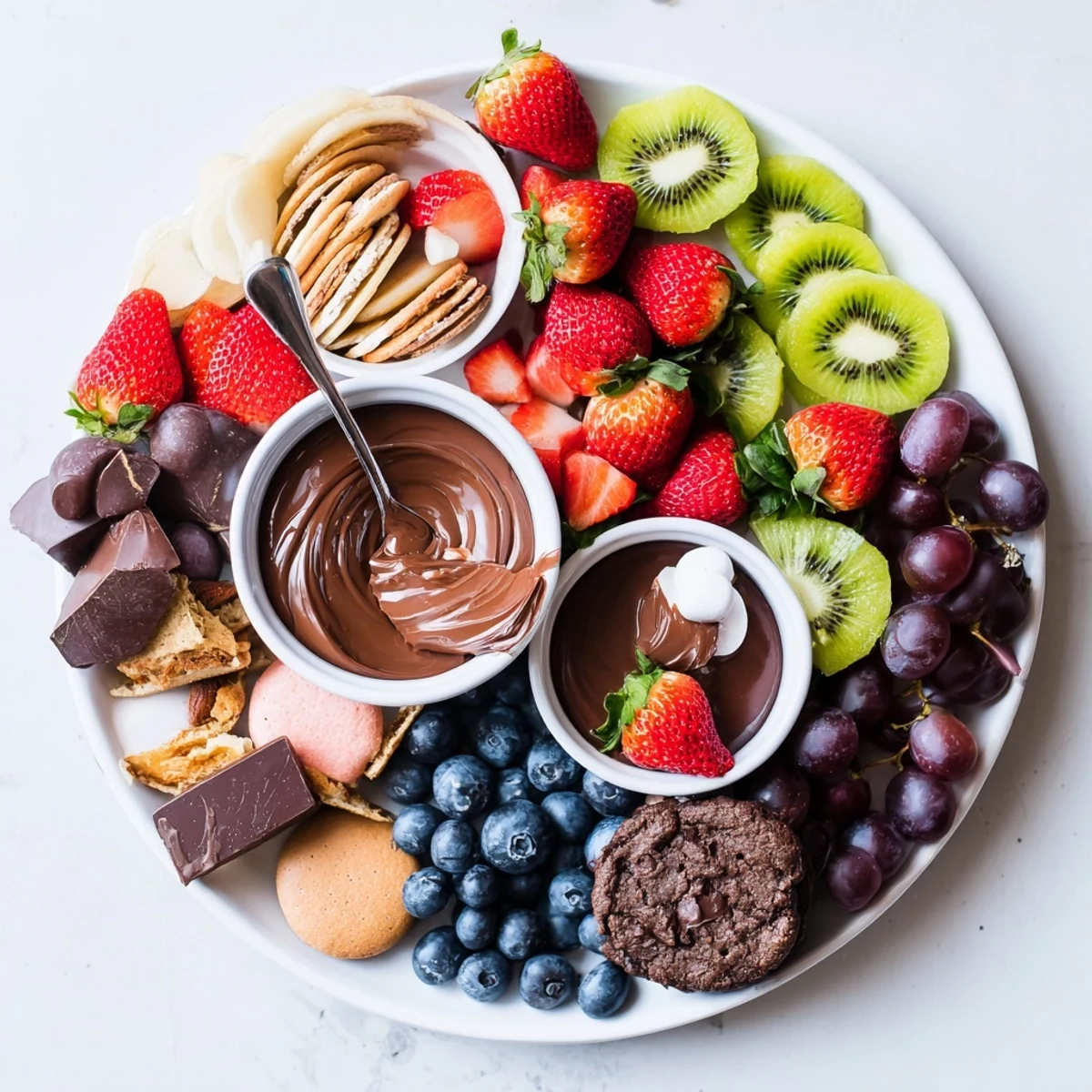 Dessert Charcuterie Board with ripe strawberries, chocolate bites, and mint garnish