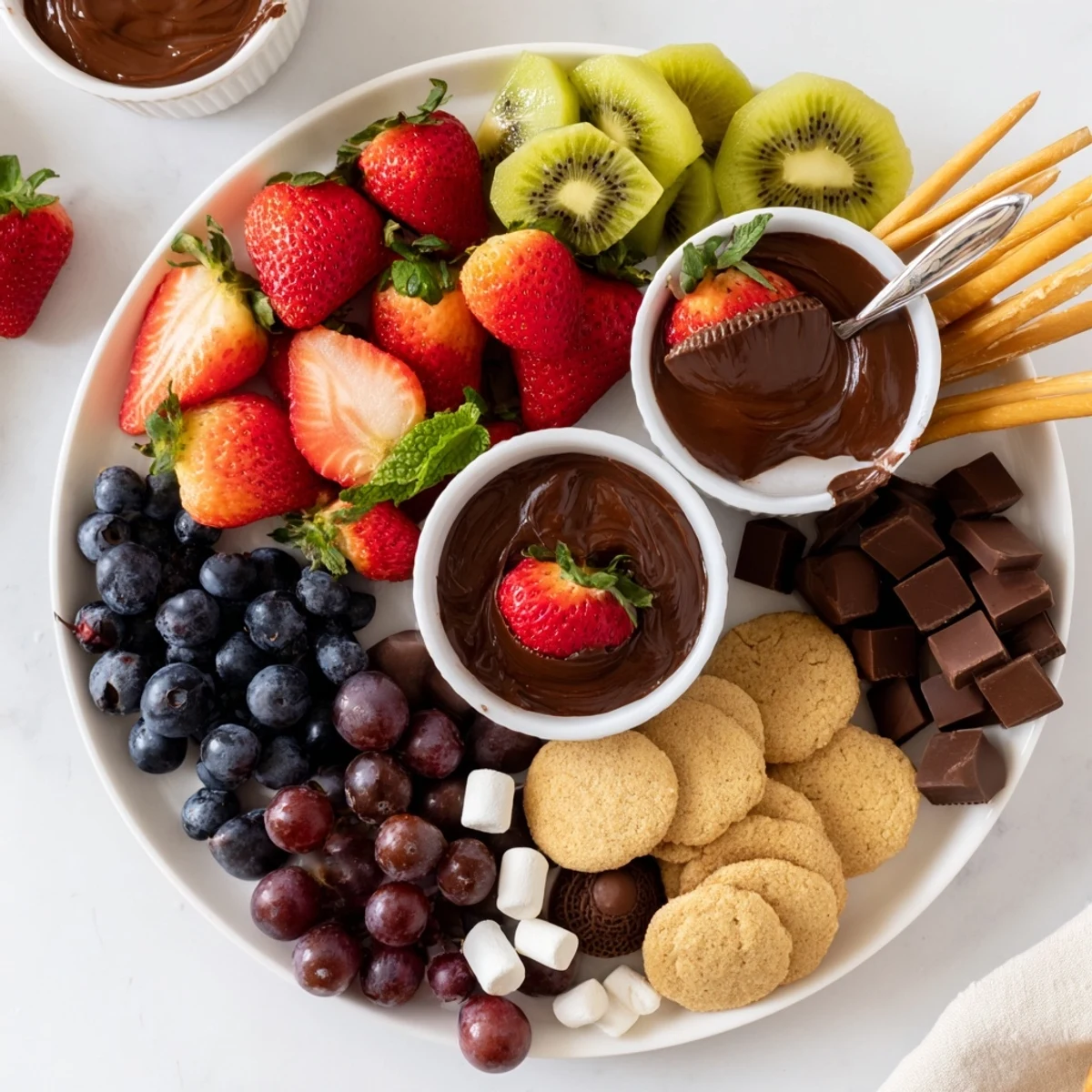 Wooden platter displays Dessert Charcuterie Board: cookies, grapes, creamy Nutella dip