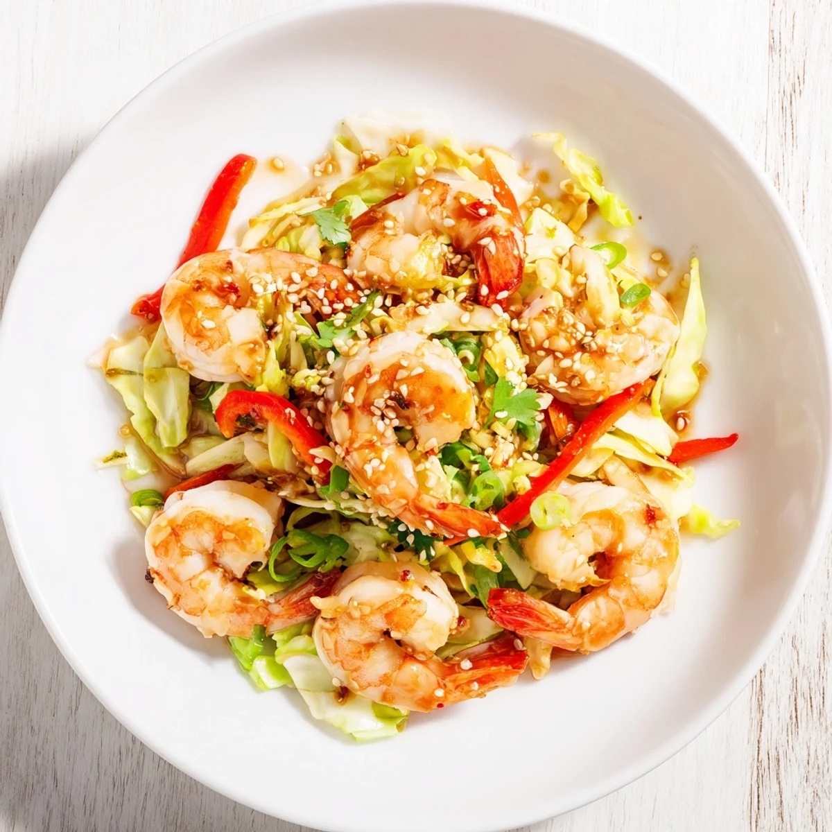 Pan tossed Delicious Asian Shrimp And Cabbage Stir Fry garnished with sesame