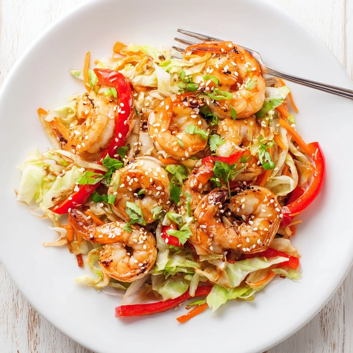 Sizzling skillet of Delicious Asian Shrimp And Cabbage Stir Fry, fragrant ginger