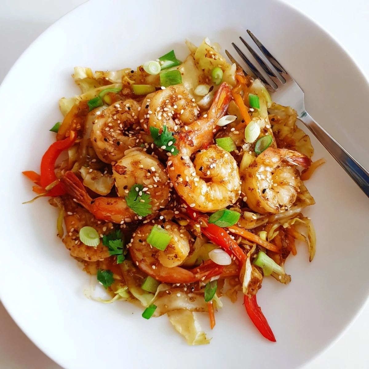 Delicious Asian Shrimp And Cabbage Stir Fry served steaming over fluffy white rice