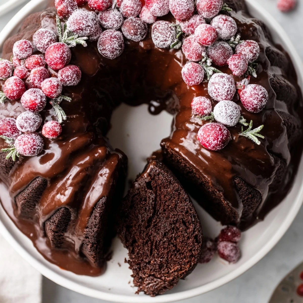 Chocolate Bundt Cake Christmas Wreath with glossy chocolate glaze, sugared cranberries  