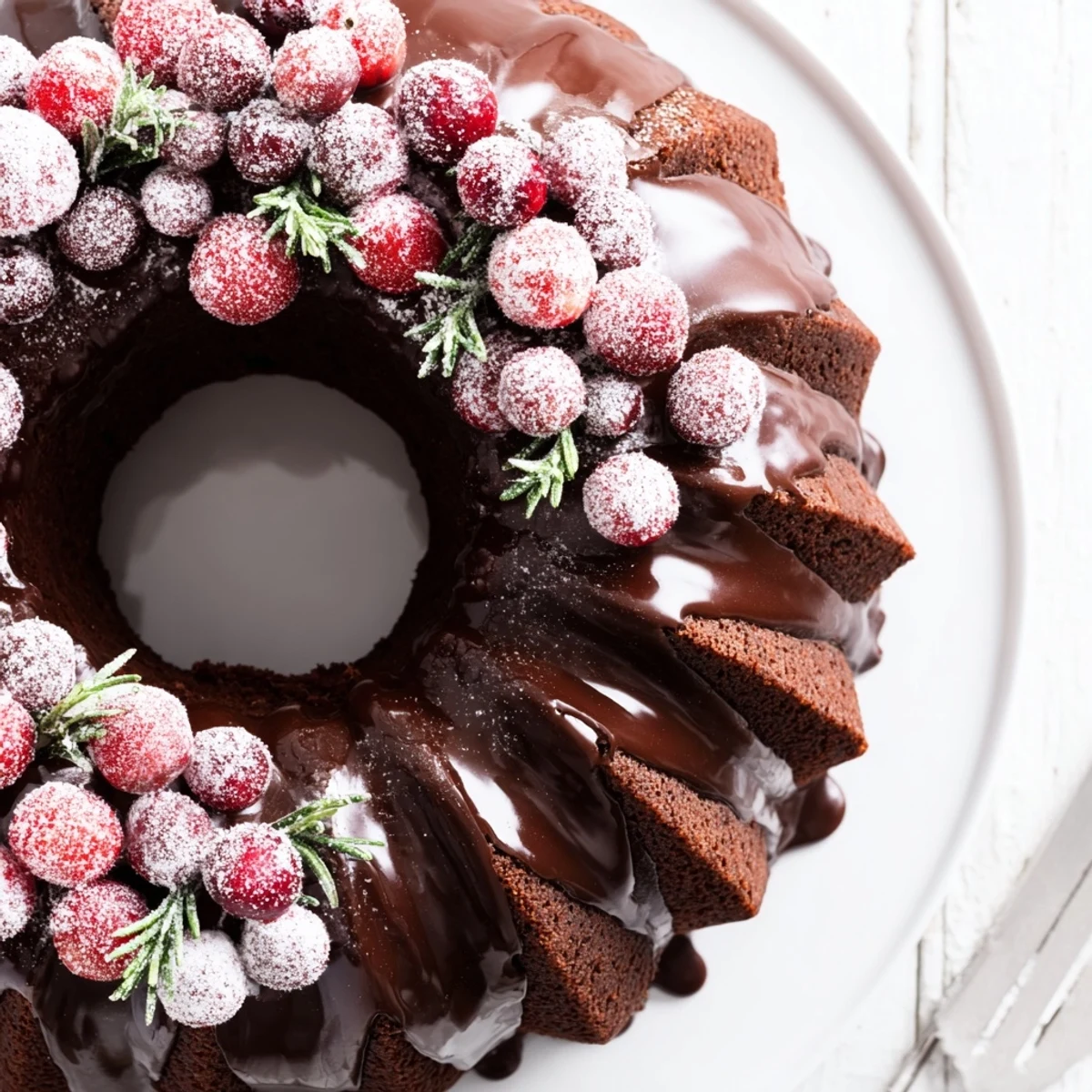 Chocolate Bundt Cake Christmas Wreath centerpiece beside steaming mugs of hot cocoa