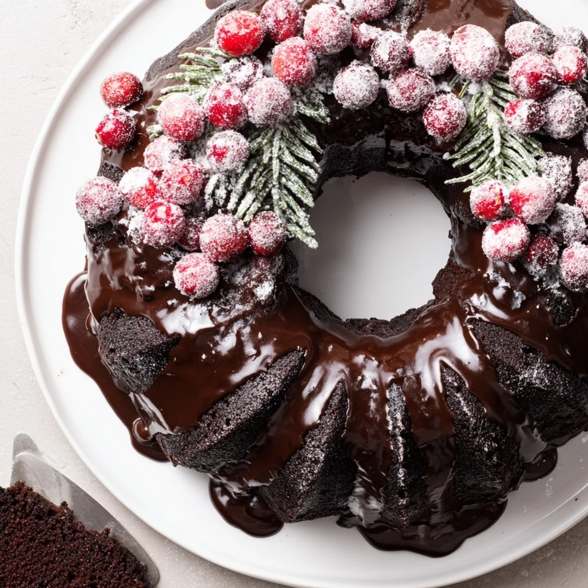 Chocolate Bundt Cake Christmas Wreath arranged with rosemary sprigs and snowy powdered sugar  