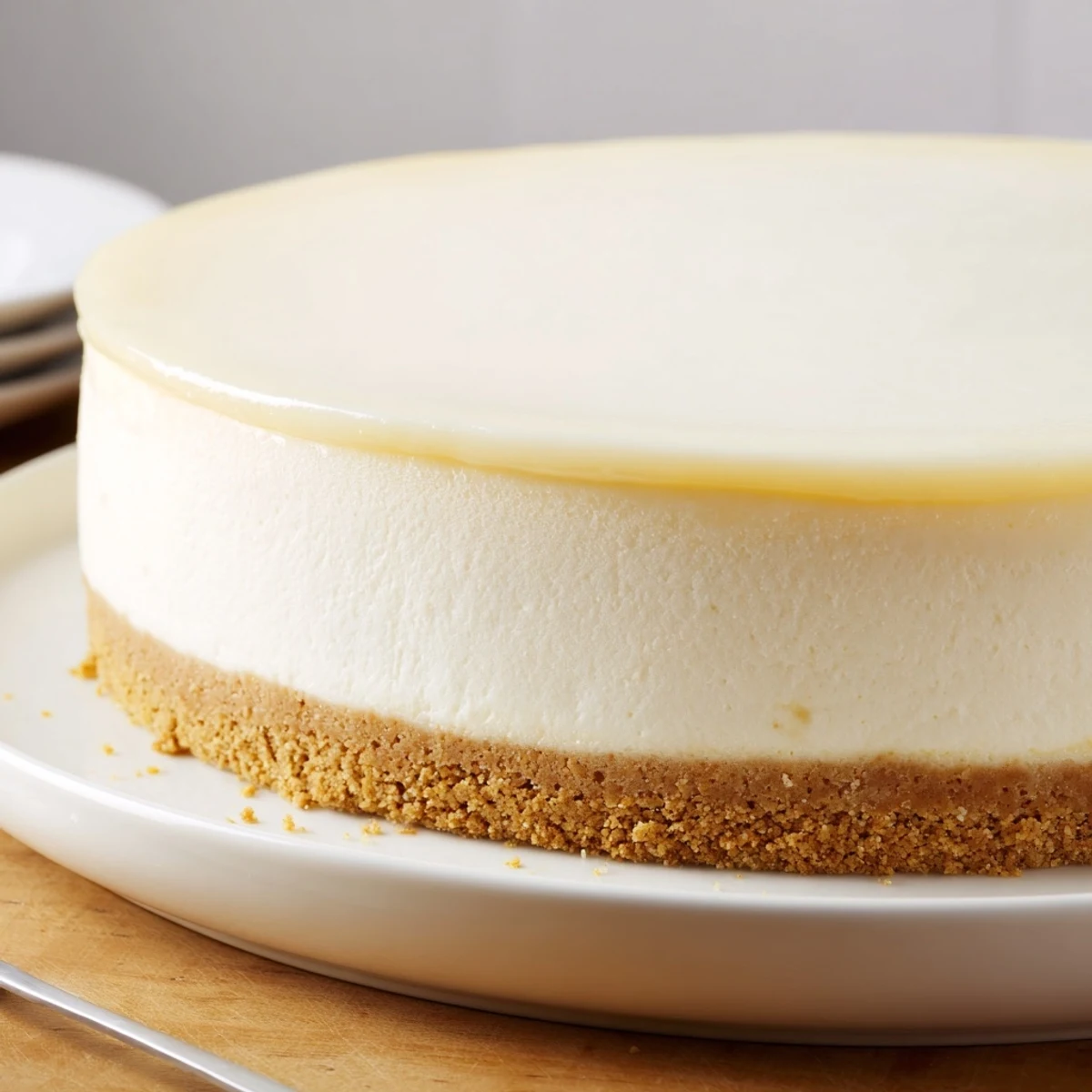 A rich Classic Cheesecake served with tart berry compote and fork