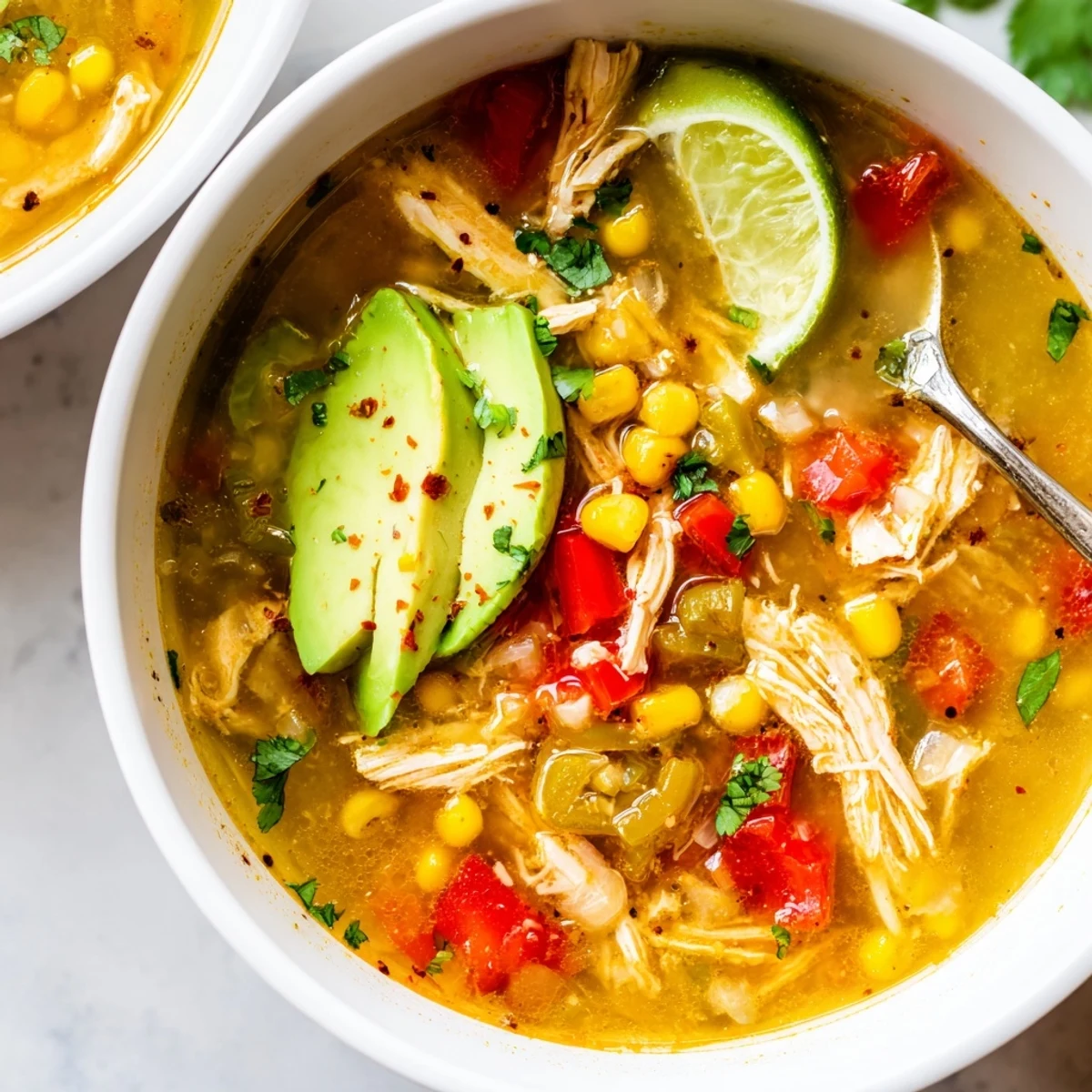 Hearty Bold Zesty Chicken Lime Soup Recipe with tender shredded meat, cilantro garnish