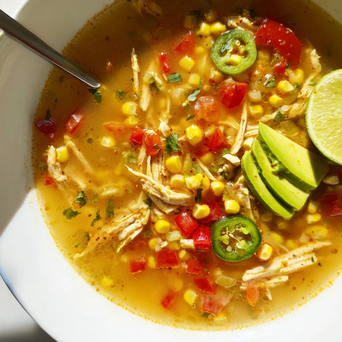 Citrusy Bold Zesty Chicken Lime Soup Recipe served hot with avocado and lime