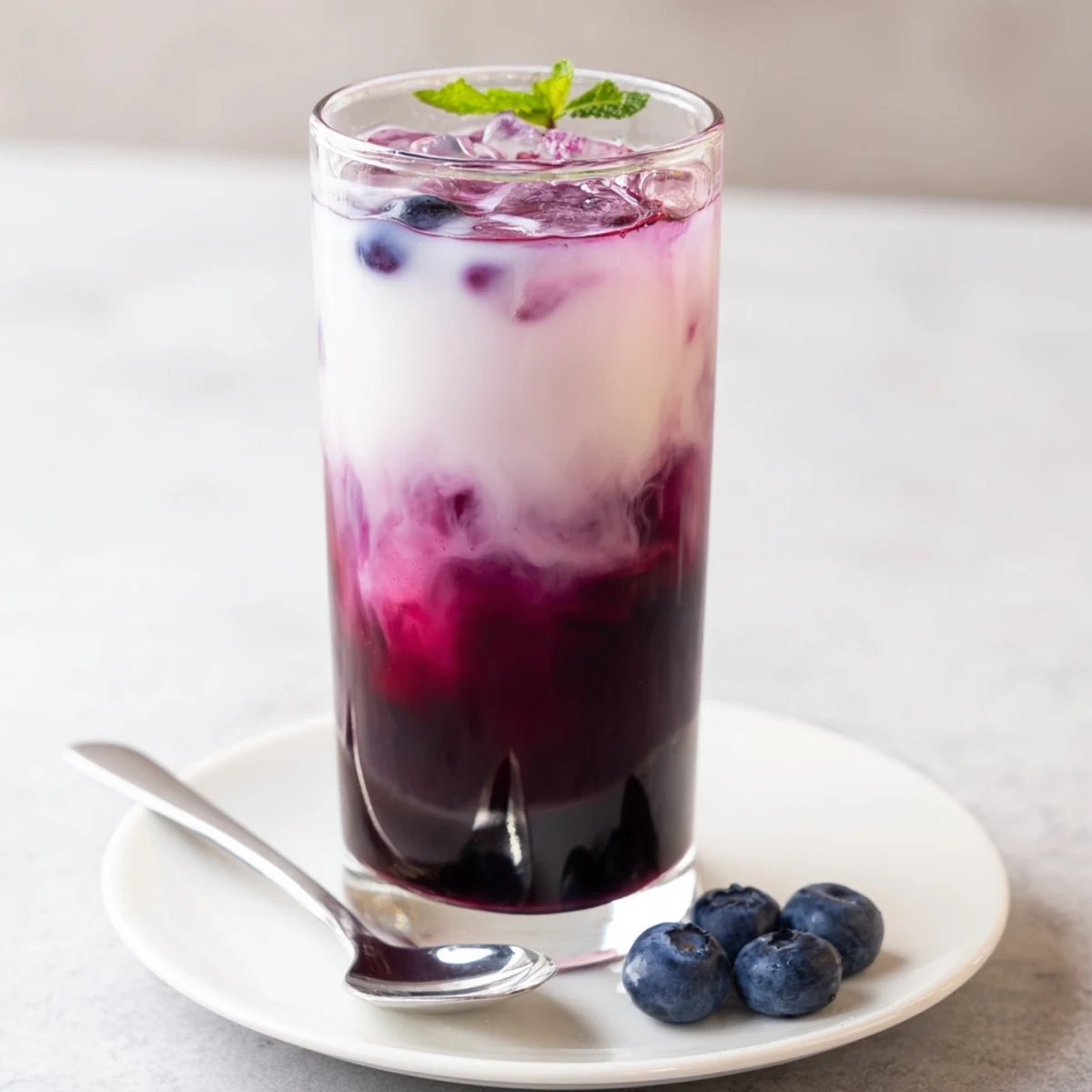 Chilled Blueberry Milk Tea Cooler with fresh blueberries and mint garnish