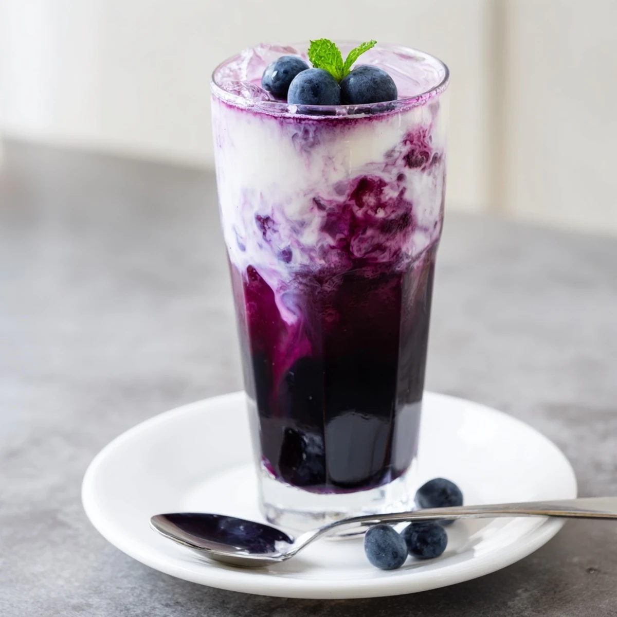 Two glasses of Blueberry Milk Tea Cooler over ice, vibrant purple