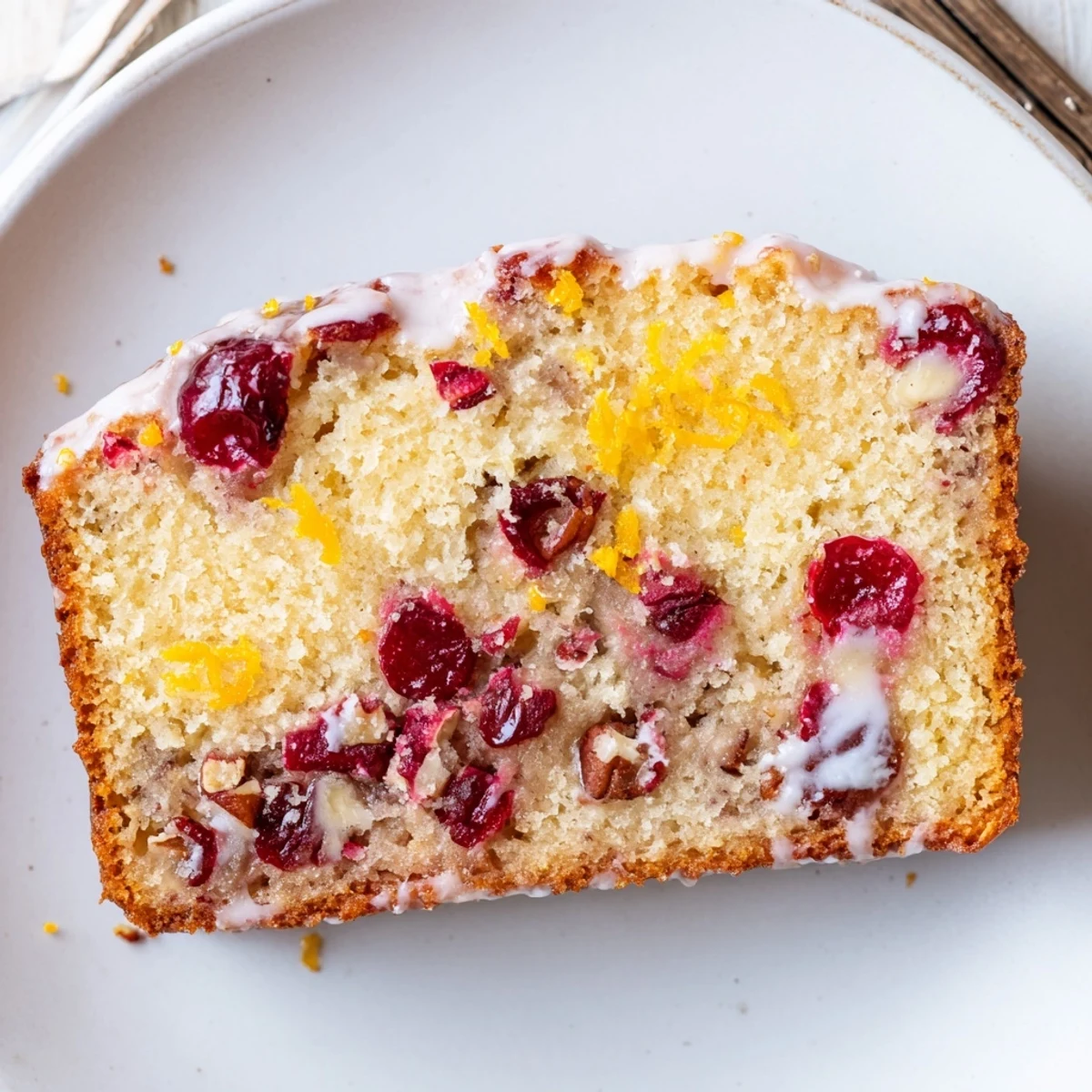Sliced Cranberry Orange Bread releasing zesty aroma, studded with tart cranberries