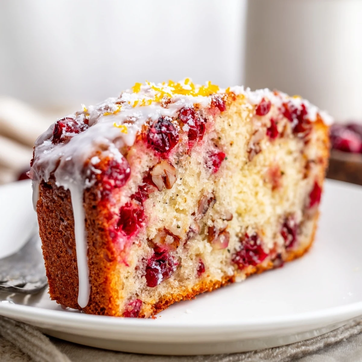 A warm slice of Cranberry Orange Bread served with butter and Earl Grey