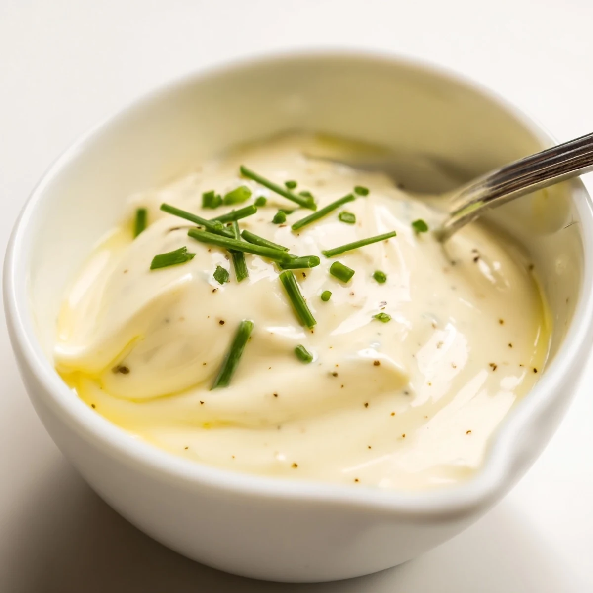 Bowl of Creamy Tangy Sauce with herbs, perfect for dipping roasted veggies