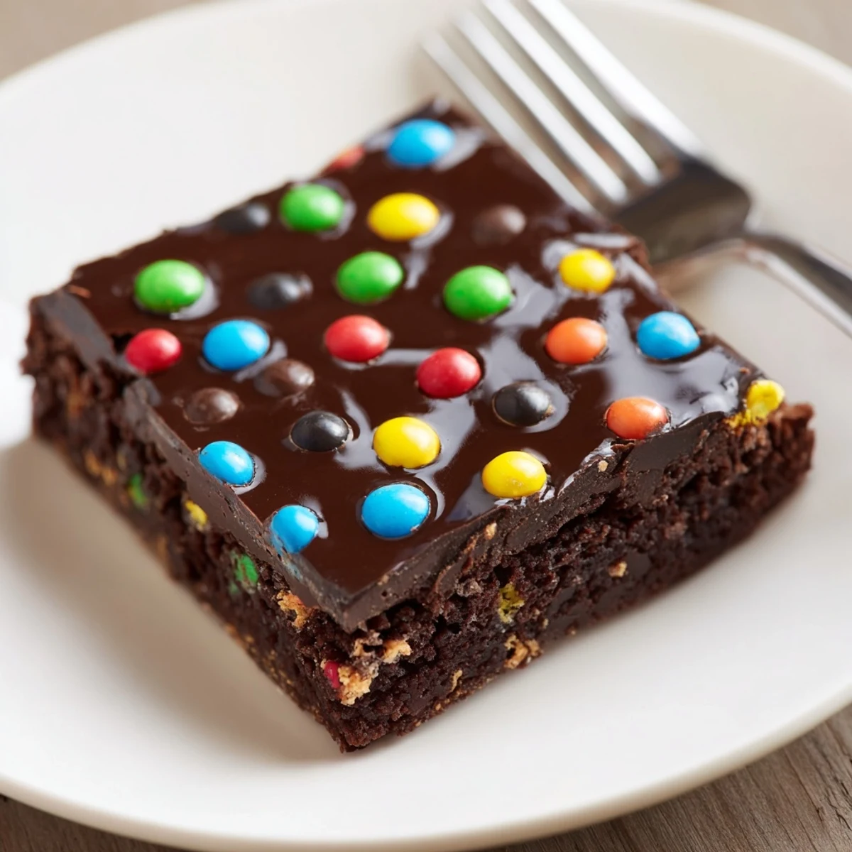 Slice of Gourmet Cosmic Brownies Bars showing fudgy center and glossy sheen.