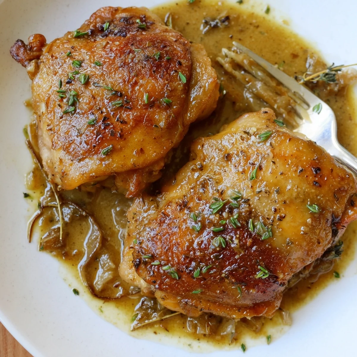 Creamy Garlic Chicken Thighs With Herbs in skillet, golden skin and silky sauce