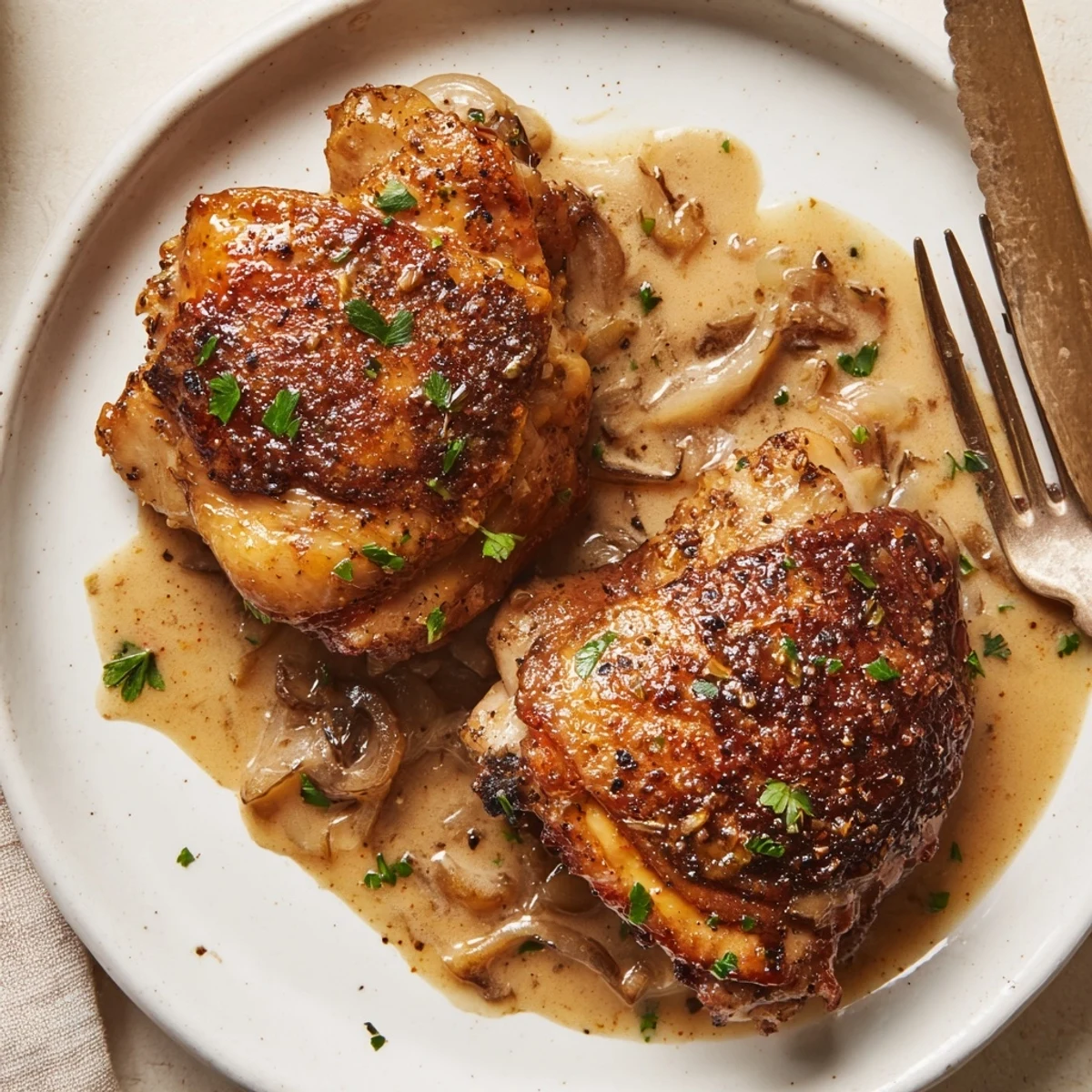 Fork-tender Creamy Garlic Chicken Thighs With Herbs, steaming over buttery mashed potatoes