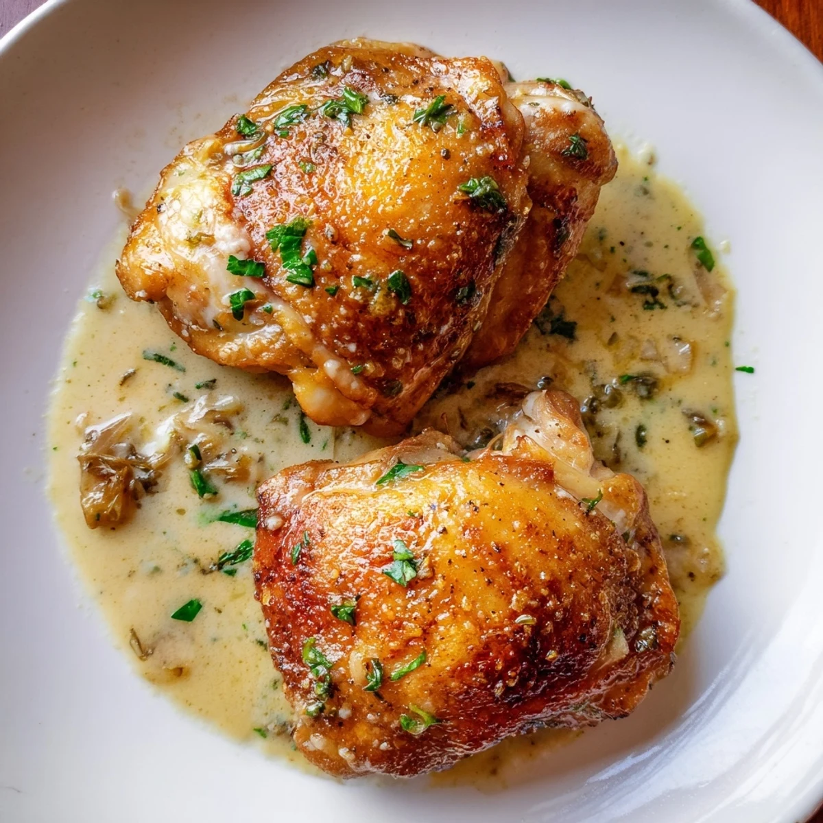 Pan-seared Creamy Garlic Chicken Thighs With Herbs, fragrant garlic and parsley garnish