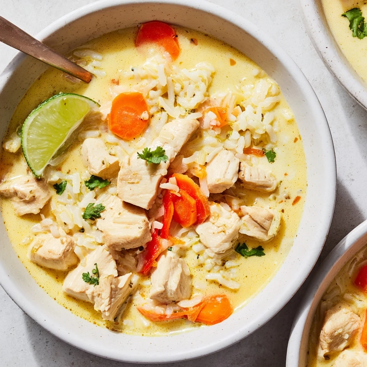 Bowl of Golden Coconut Chicken Rice Soup, creamy turmeric broth, fragrant ginger