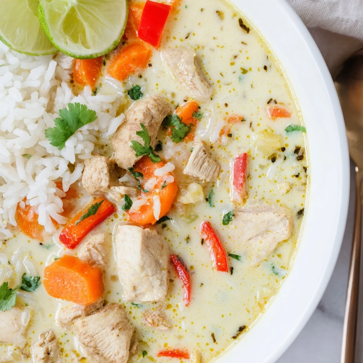 Golden Coconut Chicken Rice Soup steaming bowl garnished with cilantro and lime