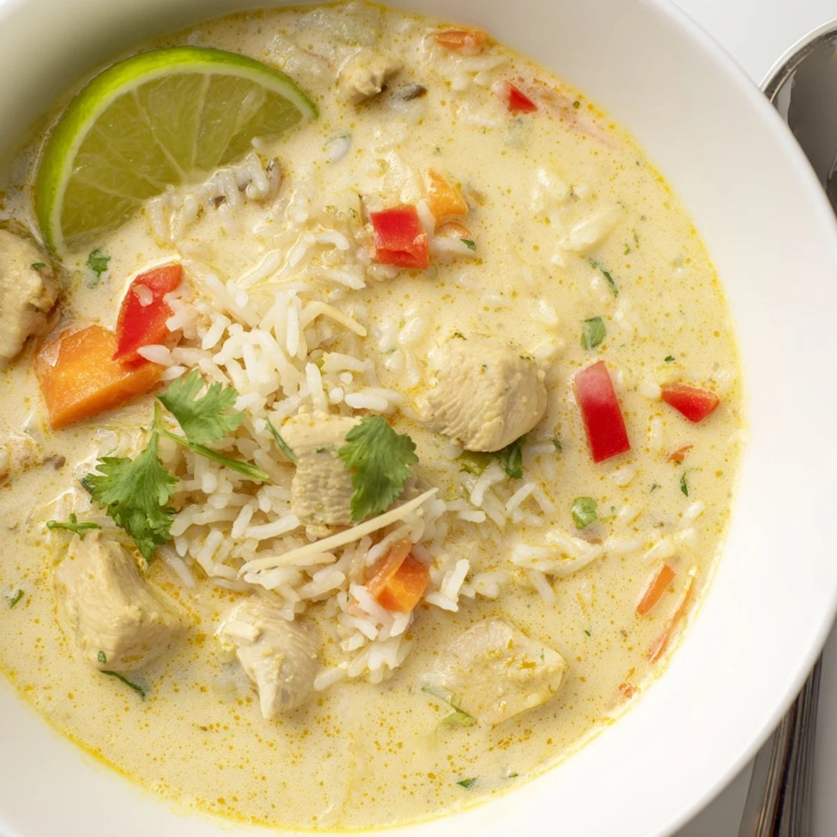 Warm Golden Coconut Chicken Rice Soup ladled into bowls, lime wedges beside