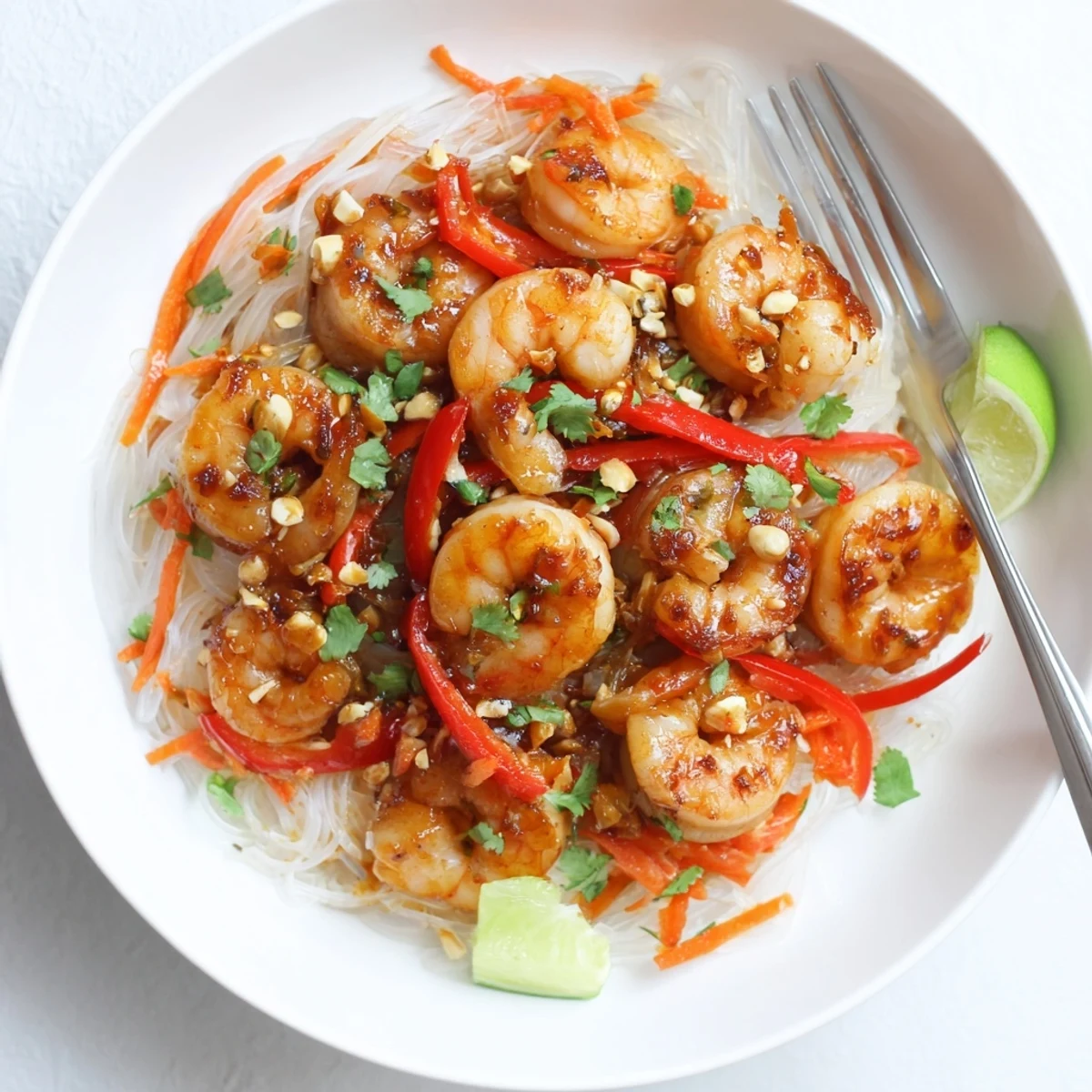 Sizzling Spicy Garlic Shrimp Noodles Recipe tossed with crunchy carrots and scallions  