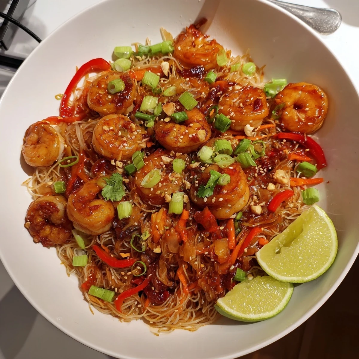 Spicy Garlic Shrimp Noodles Recipe glistening with chili oil, fragrant garlic, cilantro  