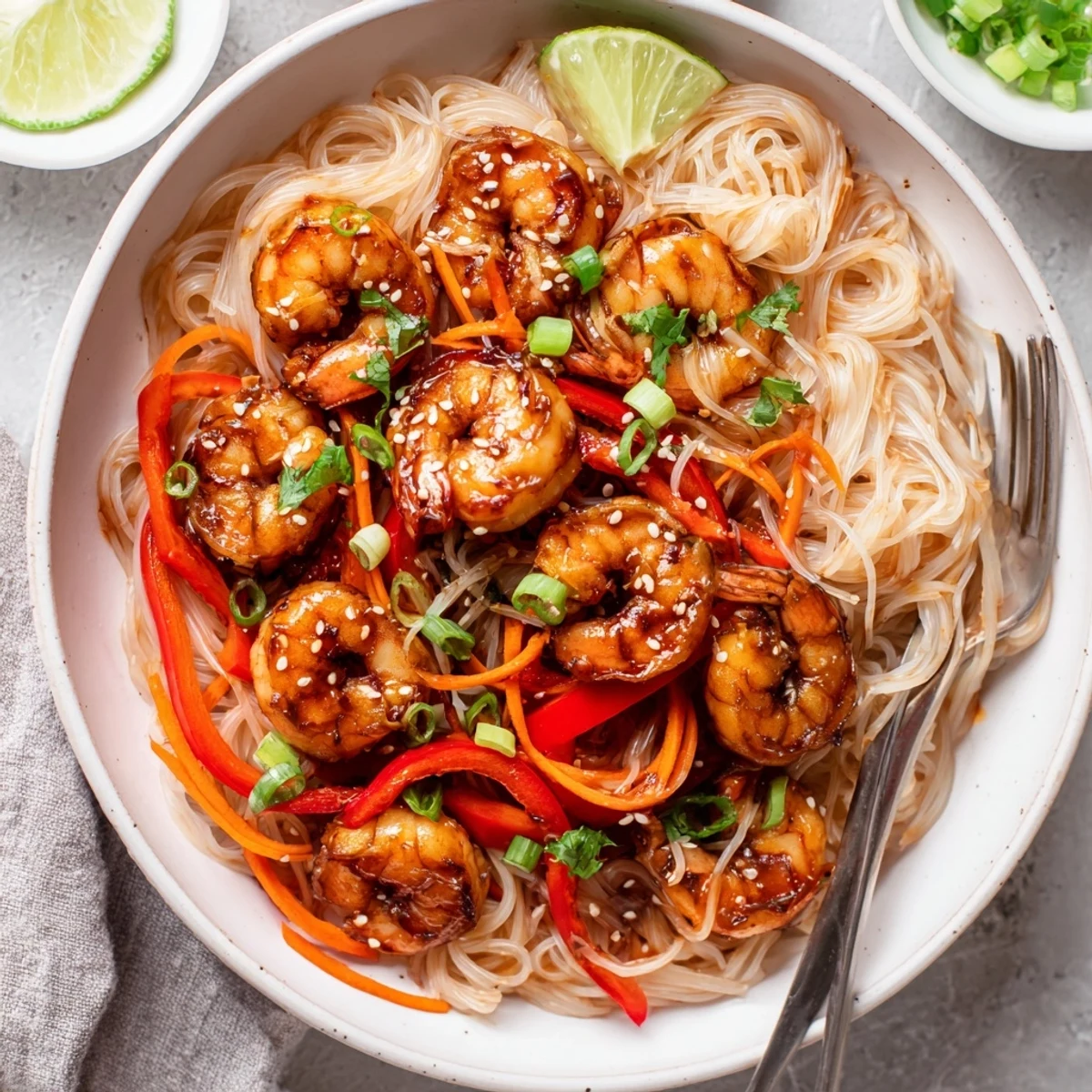 Steaming bowl of Spicy Garlic Shrimp Noodles Recipe served with lime and green tea