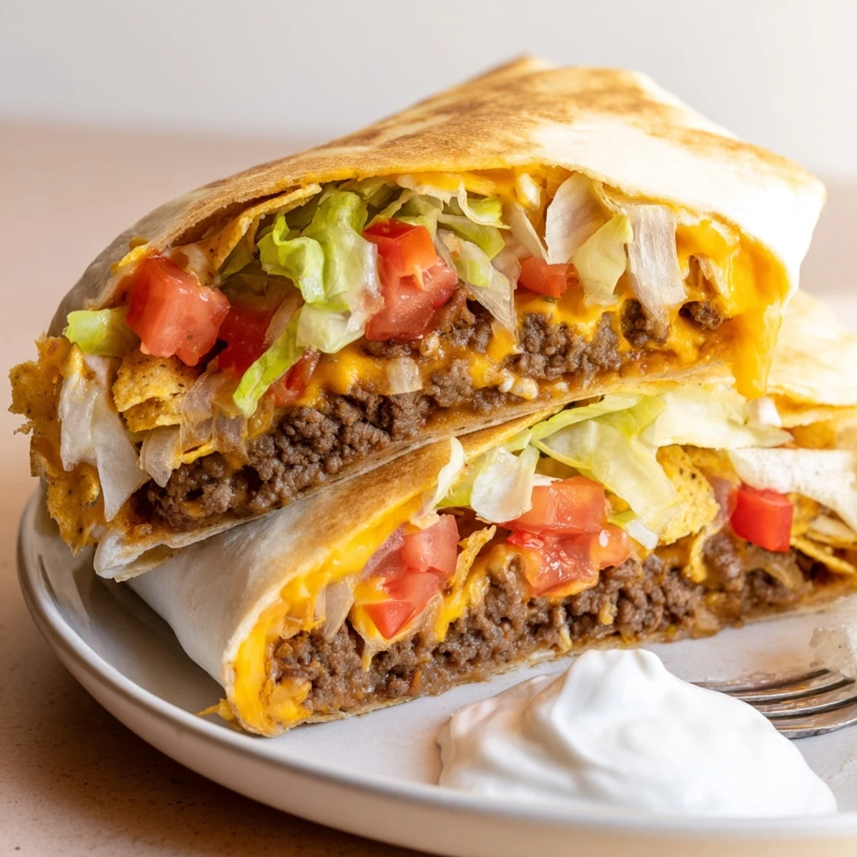 Ultimate Cheesy Beef Crunch Wraps halved, molten cheddar oozing, crispy tortilla edges.