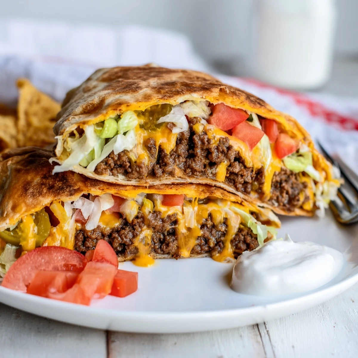 Warm Ultimate Cheesy Beef Crunch Wraps served with tangy salsa and sour cream.