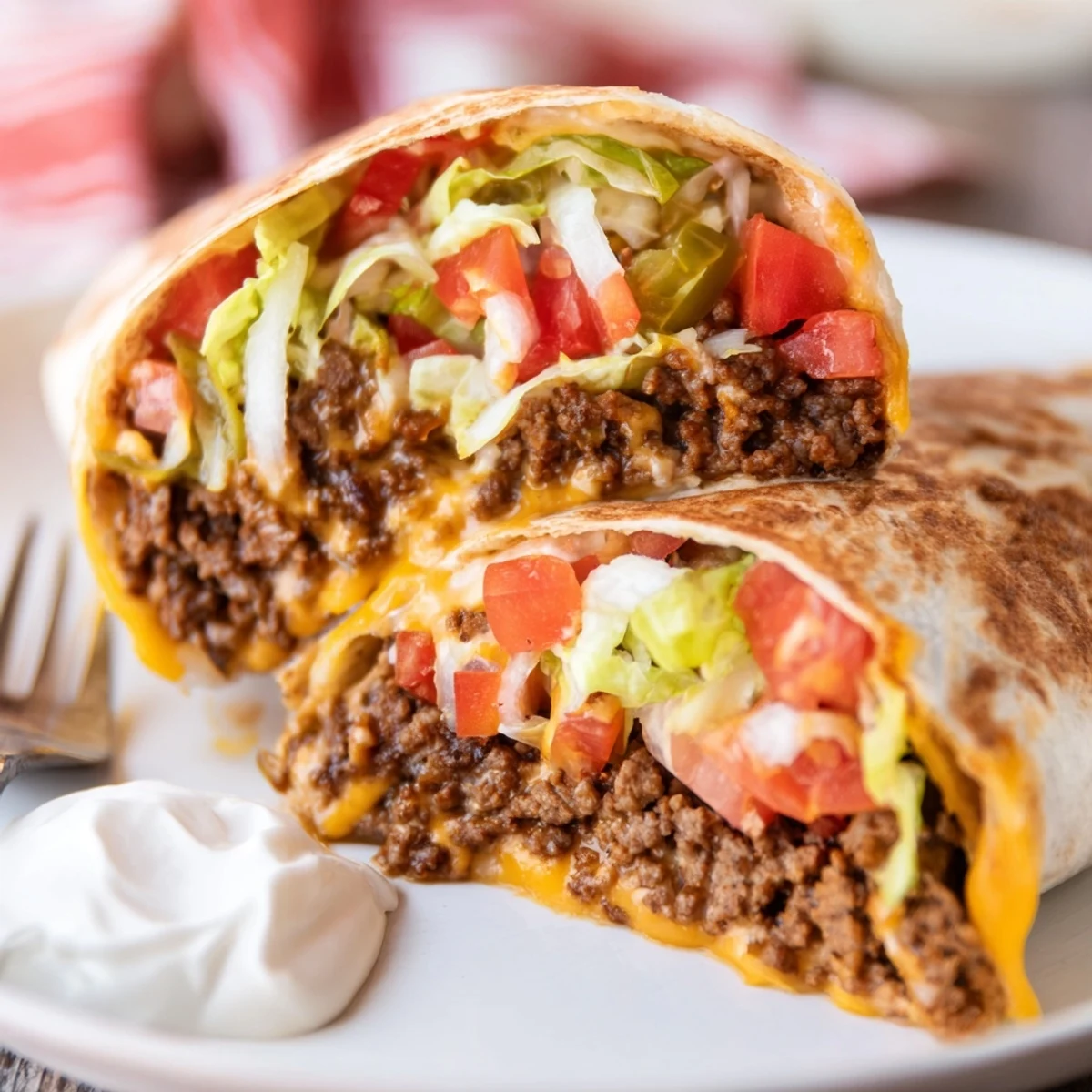 Skillet toasted Ultimate Cheesy Beef Crunch Wraps with crunchy tostada layer and sliced jalapeño.
