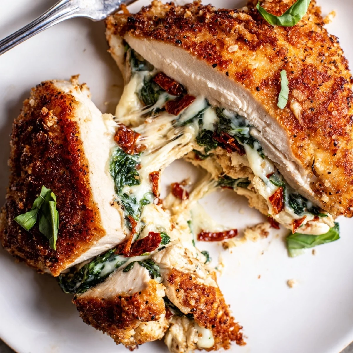 Cheesy Spinach Stuffed Chicken Sun Dried Tomato Flavor, golden seared and oozing mozzarella