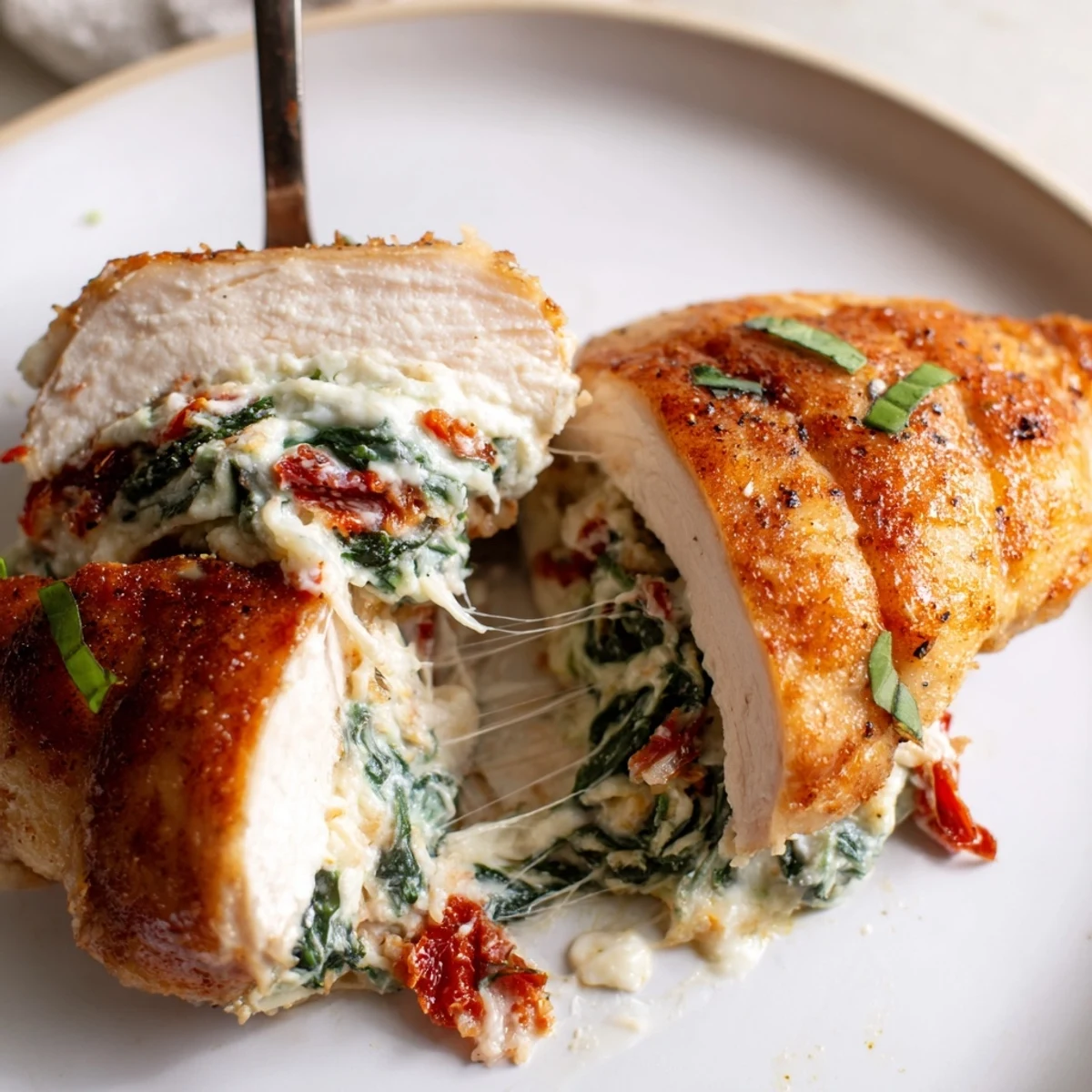 Bite reveals creamy filling in Cheesy Spinach Stuffed Chicken Sun Dried Tomato Flavor