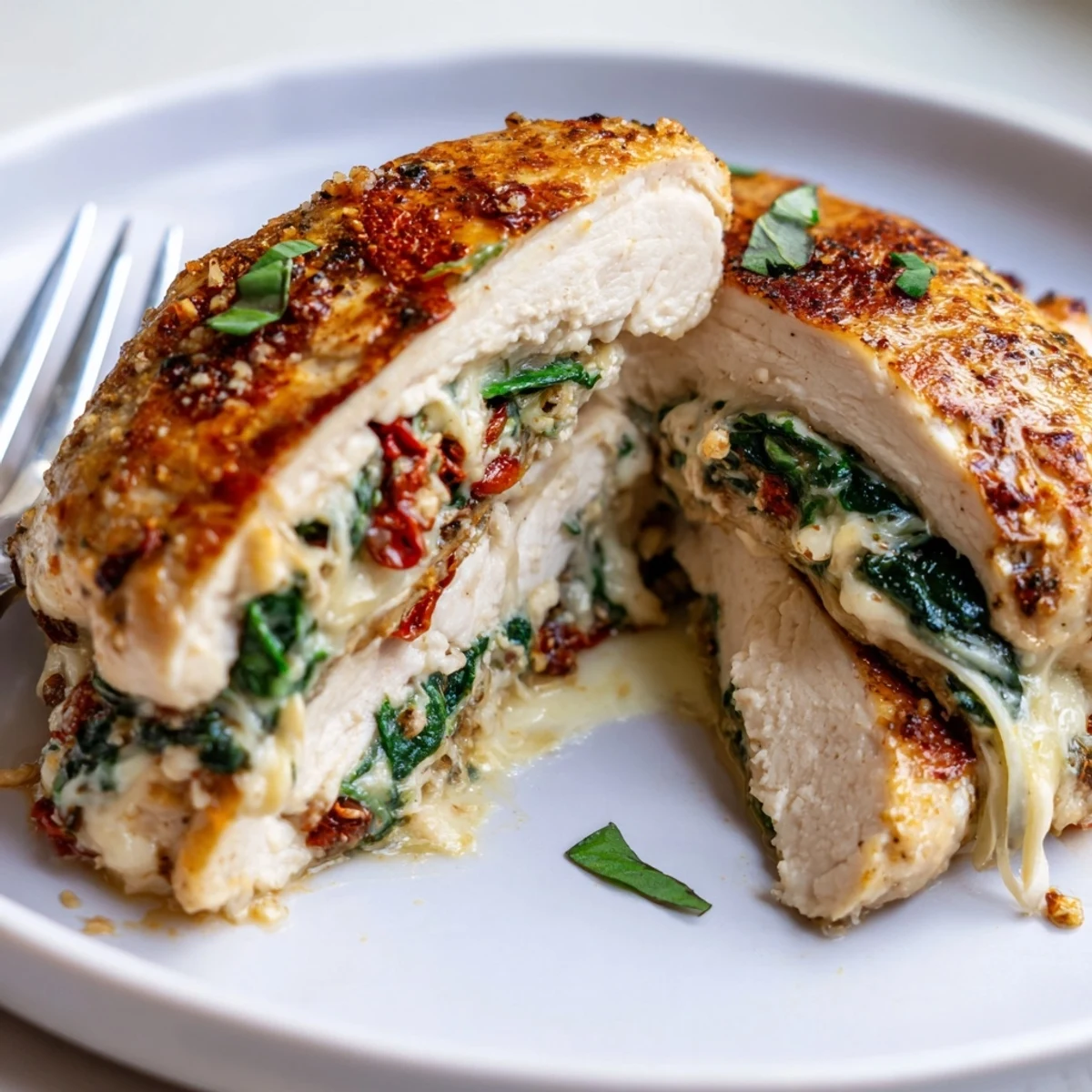 Cheesy Spinach Stuffed Chicken Sun Dried Tomato Flavor plated with lemony roasted potatoes