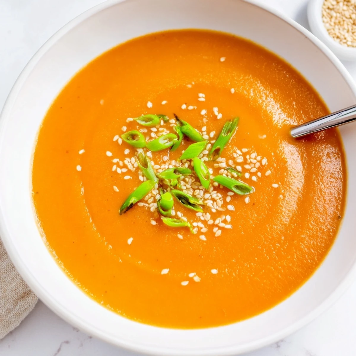 Creamy Carrot Ginger Miso Soup steaming in bowl, garnished with scallions.