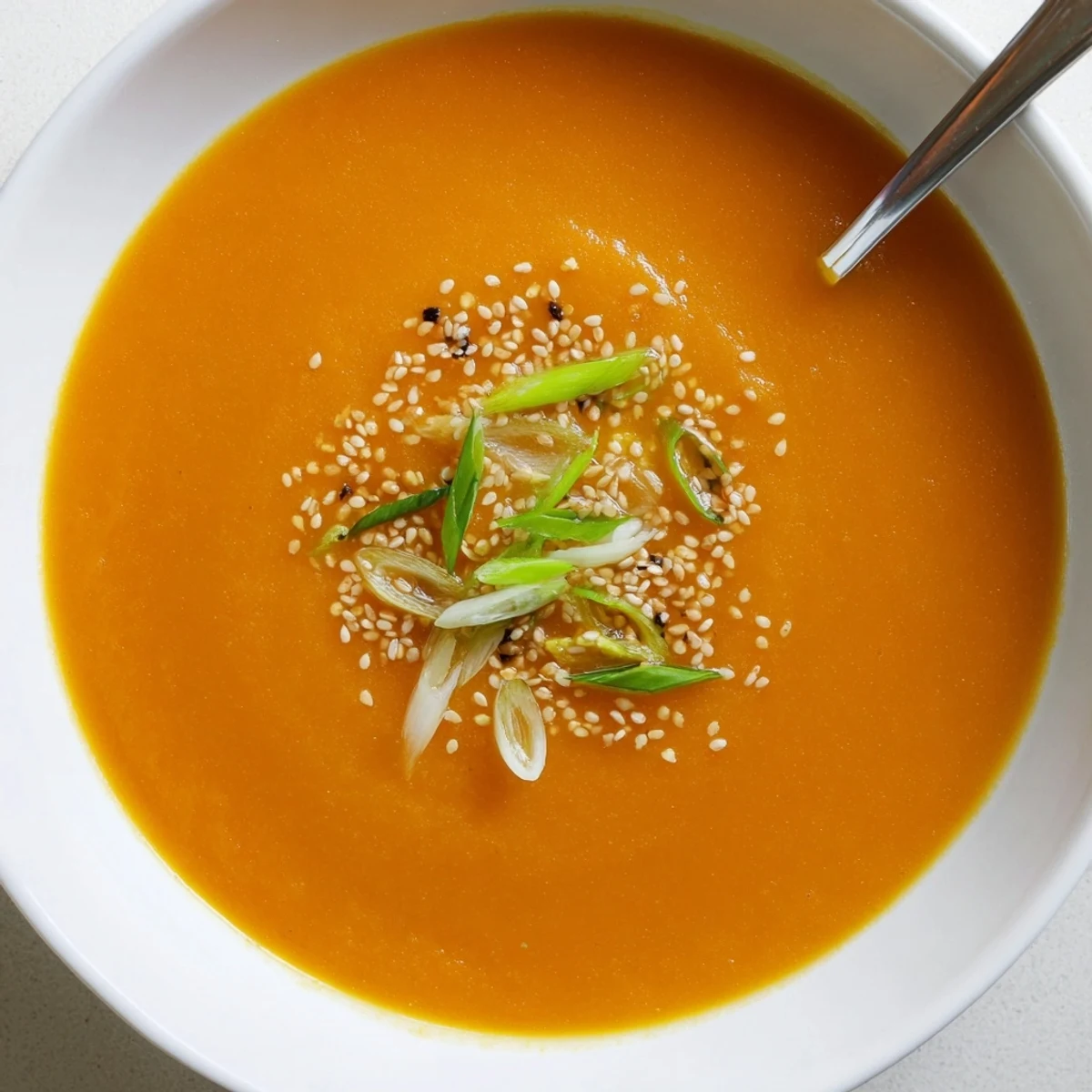 Velvety Carrot Ginger Miso Soup recipe shown with toasted sesame and crusty bread.